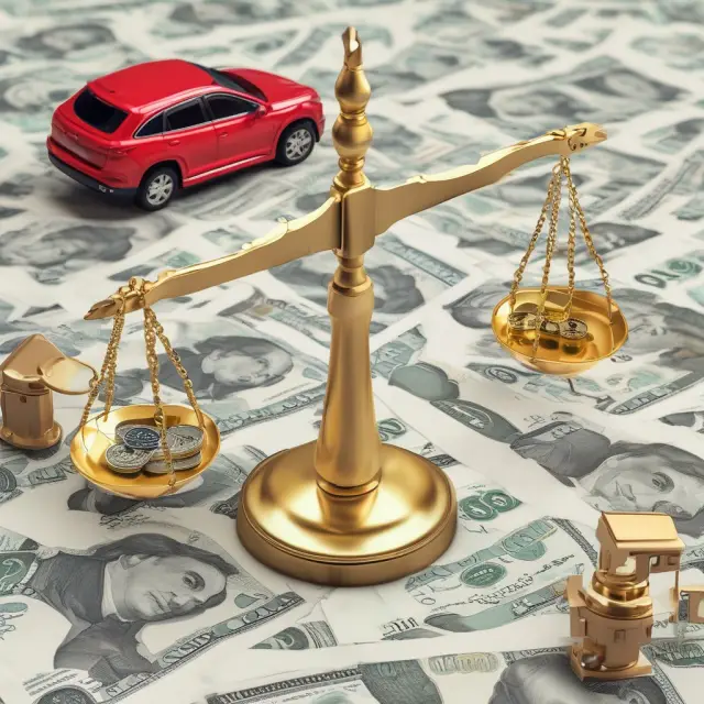 A set of scales with real estate, cars, stocks, bonds, and jewelry balanced precariously, symbolizing the use of valuable assets as collateral to secure a bail bond