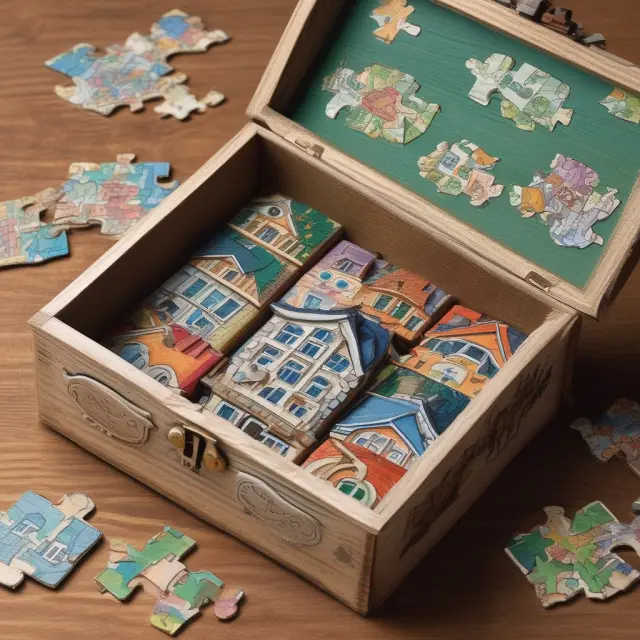An intricate puzzle box containing real estate, vehicles, stocks, jewelry, credit cards, and other valuable items represents various collateral choices for posting a bail bond