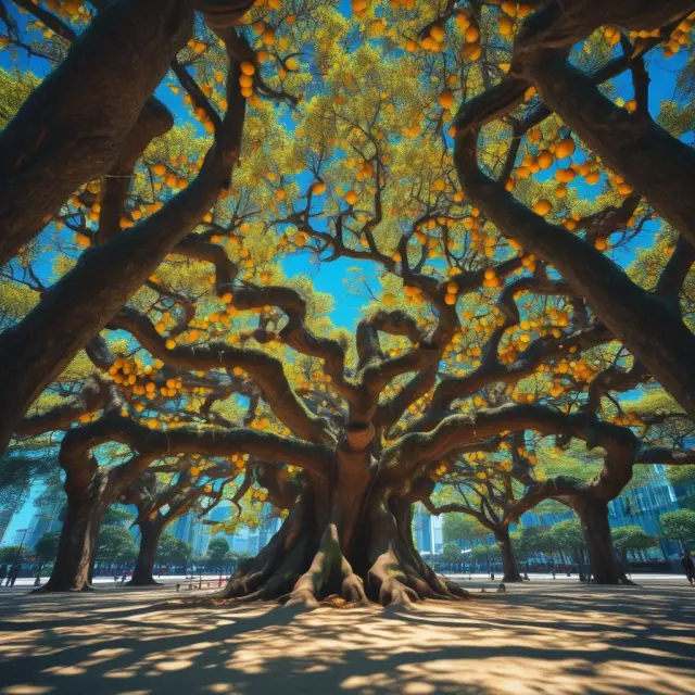 A serene landscape of large, stable trees laden with golden fruit represents balanced fund