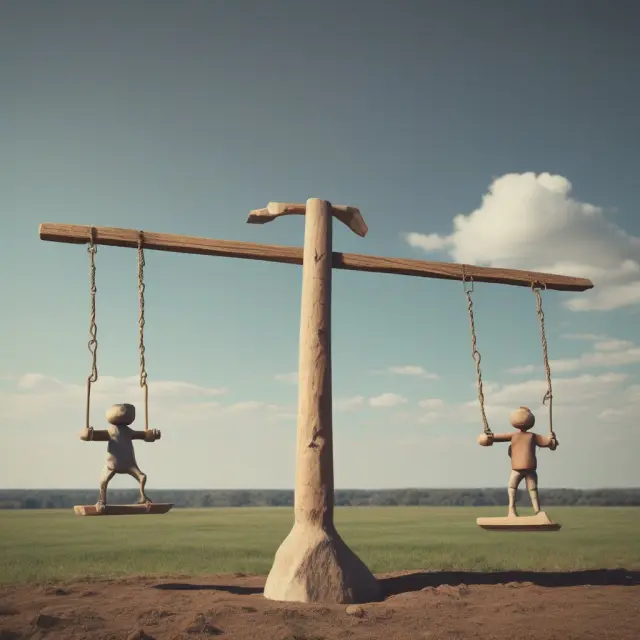 A balanced fund as a seesaw with stocks (growth) on one side and bonds (income) on the other, illustrating the management of risk and reward for investors.