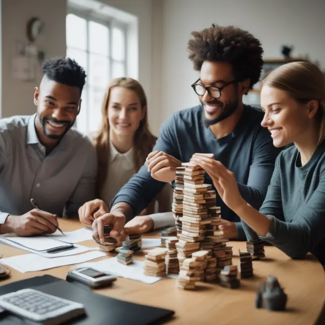 Image of three people constructing balanced investment portfolios using stocks and bonds