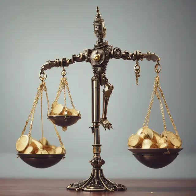A pair of robotic hands skillfully maintaining balance between stocks, bonds, and gold coins in a set of scales. Automated investment platforms streamline the process.