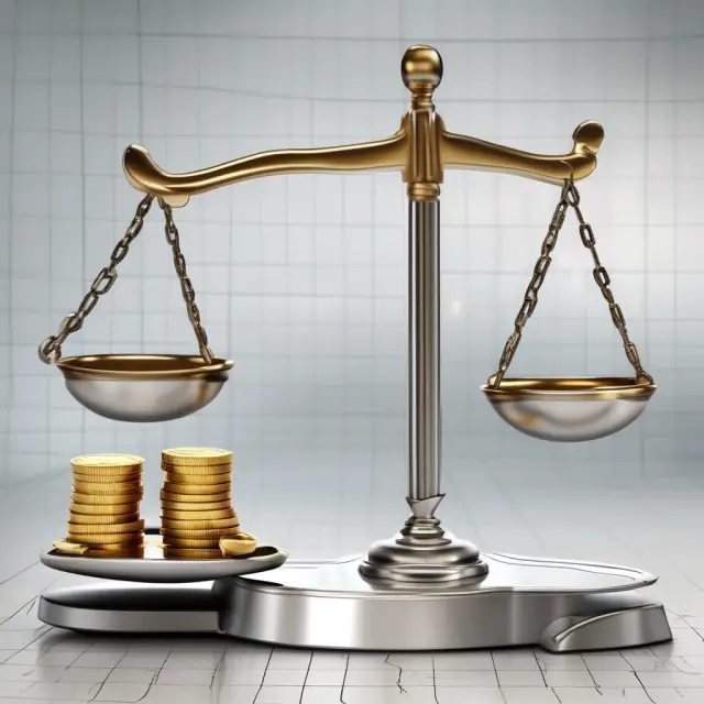 Balanced investment strategy symbolized by gold and silver coins on a scale between stocks (upward graph) and bonds (downward graph).