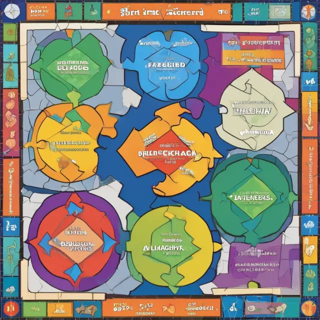 A vivid mosaic showcasing interconnected puzzle pieces signifying the four perspectives of Balanced Scorecard - Learning & Growth, Business Processes, Customers, and Finance.