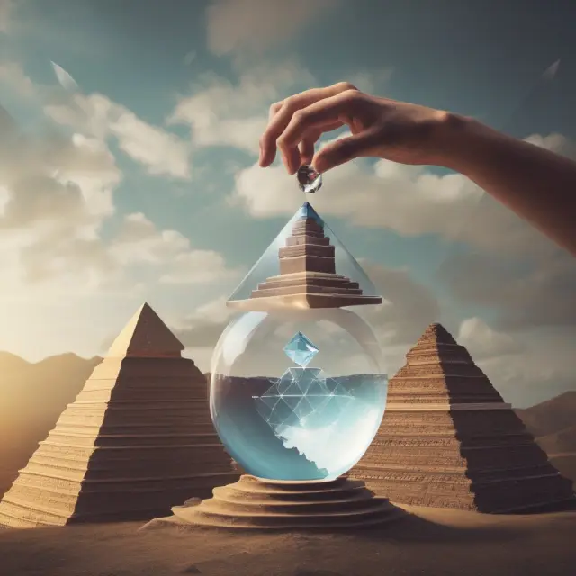Oracle balancing crystal ball on data pyramid, revealing organizational insights for balanced scorecard