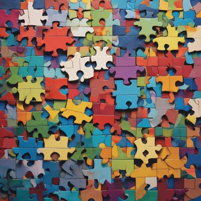 Vibrant mosaic of puzzle pieces symbolizing data accuracy, maintaining focus, change management, complexity, and buy-in for Balanced Scorecards