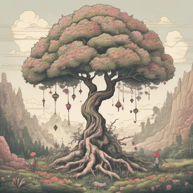 Garden filled with flowers (current assets) and trees (long-term assets) growing in harmony, signifying a balanced balance sheet.