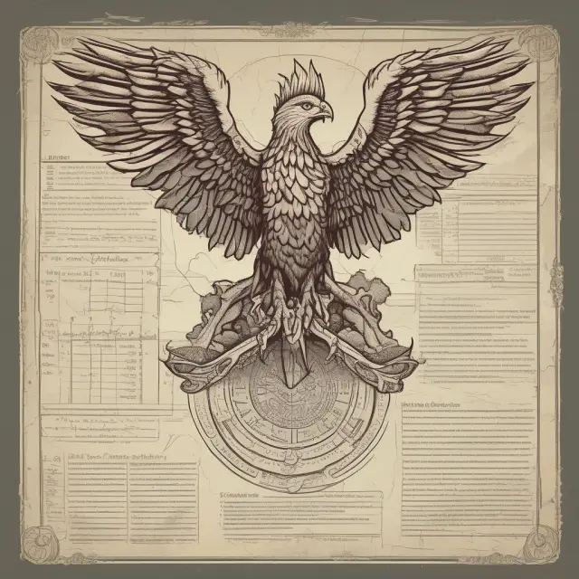 A balance sheet displaying a phoenix emerging from long-term investments, fixed assets, and intangible assets, symbolizing growth and transformation