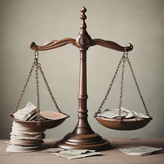 A pair of scales teeters with gold bars representing assets, while weights labeled 