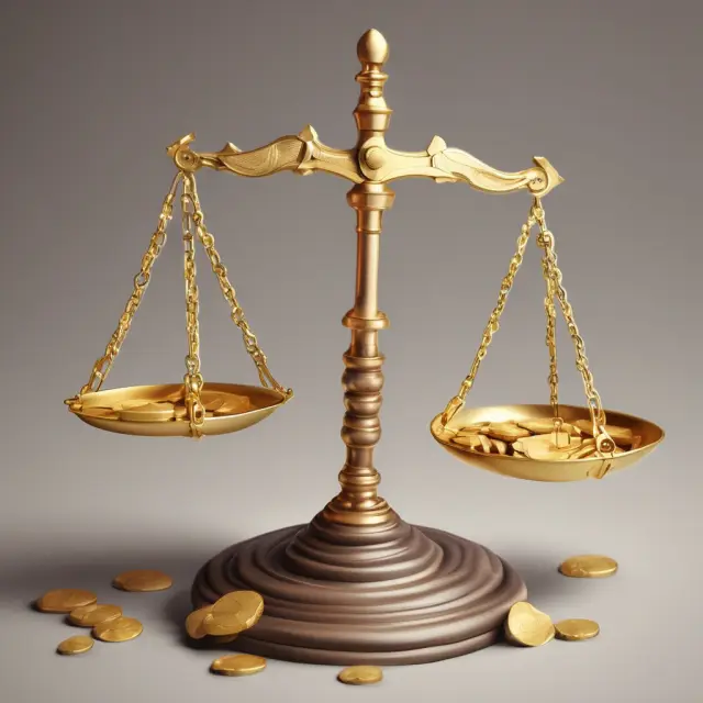 A balance scale with golden coins representing long-term liabilities. The larger side is weighed down by pension fund and deferred tax obligations.