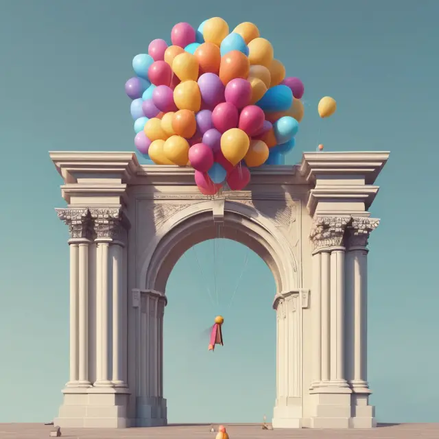 Balloons lifting off from a financial arch, representing the benefits of lower initial payments and strategic opportunities in borrowing