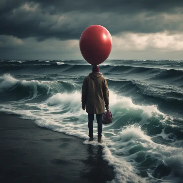 Borrower struggling with balloon payment in front of turbulent financial waters, symbolizing economic instability