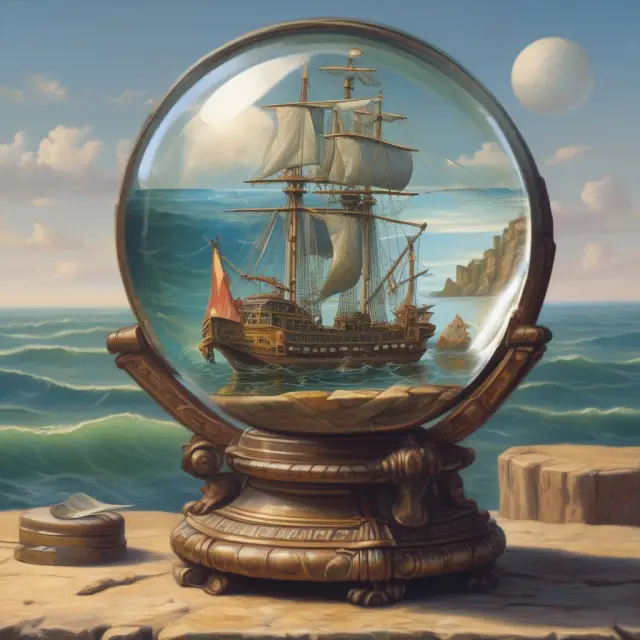 An oracle in front of a crystal ball displays shipping rate information from the Baltic Dry Index, influencing global economic trends.