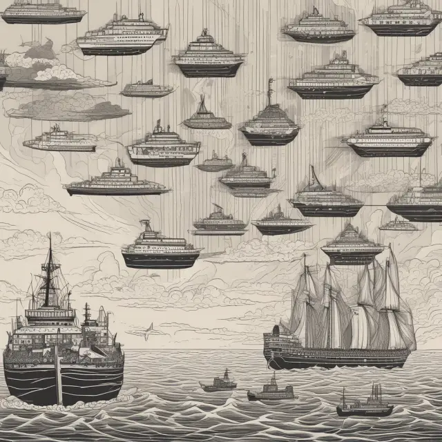 Vessels of various sizes (Capesize, Panamax, Supramax, Handysize) sailing on a serene sea, symbolizing the impact of shipping classes on global trade and the Baltic Dry Index