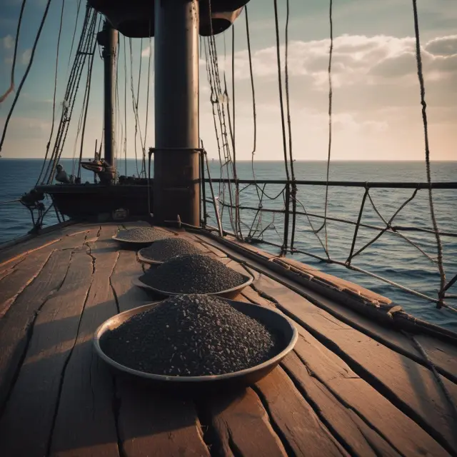 A sailing ship carrying three elements: coal, iron ore, and grain, representing major dry bulk commodities driving global trade