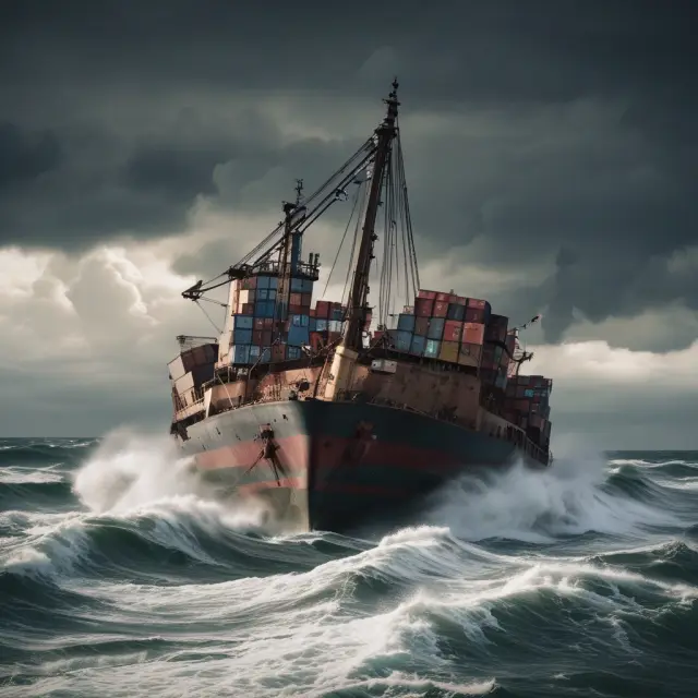 A steel vessel navigating rough seas carrying coils for steel products, barrels for sugars, and bags for cement, emphasizing their importance as raw materials during economic instability