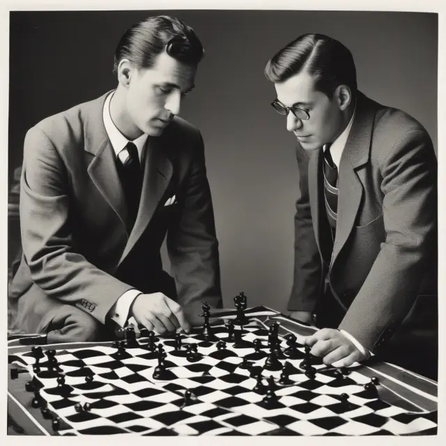 A banker and insurance agent collaborating on a chessboard, representing the advantages (pawns, knights, bishops) and disadvantages (castles, rooks, queens) of consumer experience in bancassurance