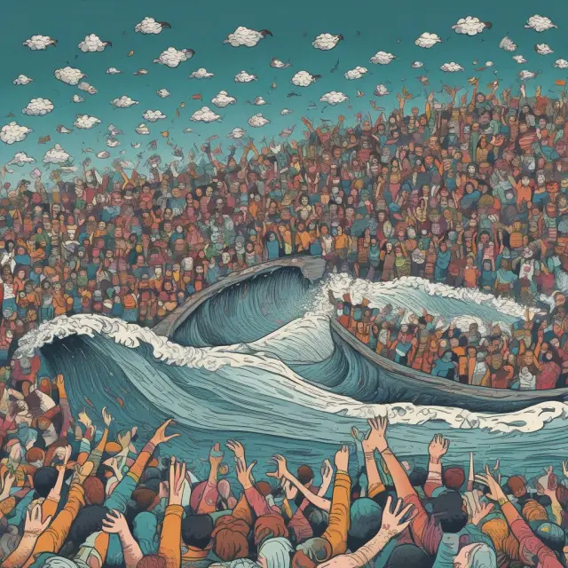 Image of people riding a wave symbolizing the bandwagon effect, with their thoughts and actions interconnected