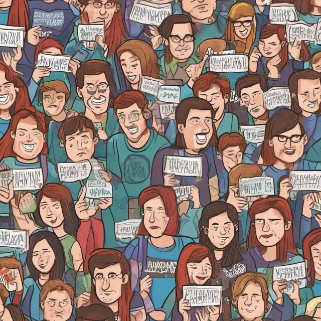 A vast crowd of people, each holding a wooden plank forming a wave-like structure symbolizing the bandwagon effect in politics