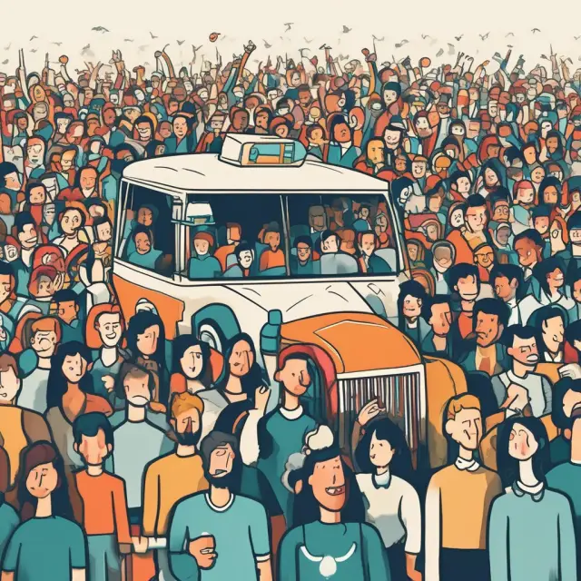 A large crowd rushing towards a bandwagon, symbolizing the irresistible pull of social pressure and peer influence
