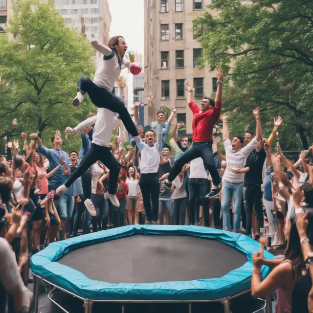 Investors jumping on a trampoline represent the bandwagon effect in finance, illustrating how collective behavior influences investment decisions and asset prices