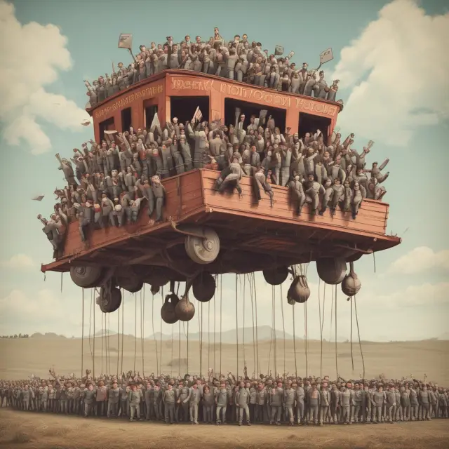 People jumping on a large bandwagon, illustrating the bandwagon effect and the influence of group dynamics.
