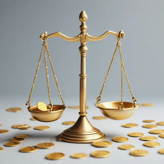 A set of scales balanced between a pile of gold coins and diamonds, symbolizing interest rates for secured bank credit, while the pendulum swings towards an adjustable interest rate.