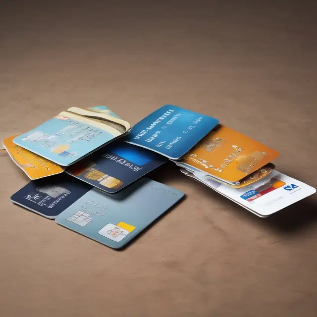 Visualization of a credit card, mortgage, auto loan, and business line of credit displayed as cards on a table. Each card represents the different types of bank credit.