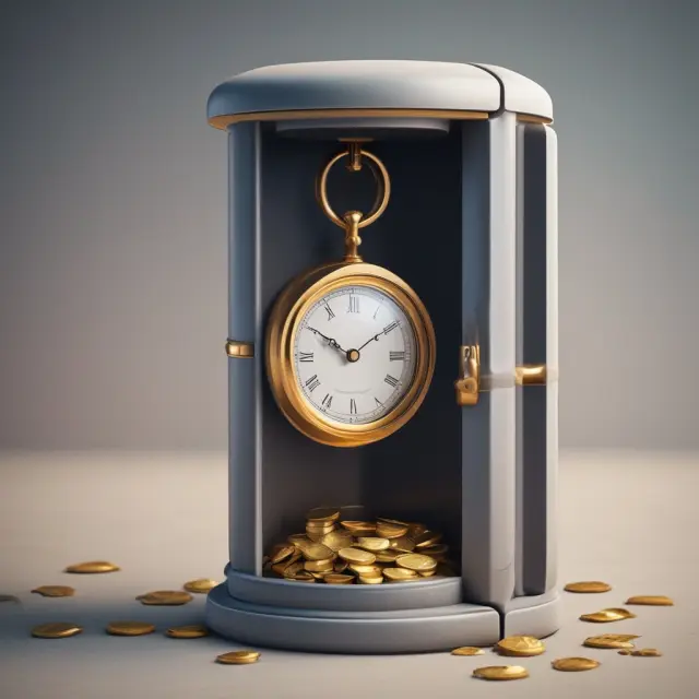 A golden time capsule encapsulating coins, representing investment earnings, with a clock in the background ticking away to emphasize stability and fixed terms.