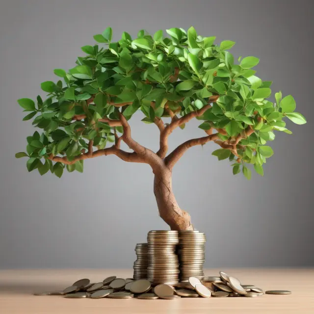 A lush, branching money tree with apples representing diverse deposit accounts: current, savings, call deposit, and CDs.