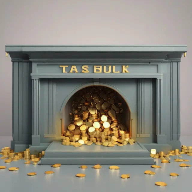 Vault holding gold coins with a person adding coins while another retrieves them, symbolizing bank deposits and withdrawals in FAQ section