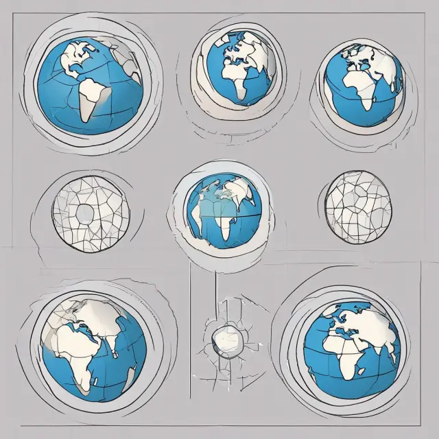 A scene displaying six interconnected globes symbolizing the different types of Bank Identification Numbers (BINs) - Issuer, Interchange, Prepaid, Virtual, EMV Chip, and Country-Specific.