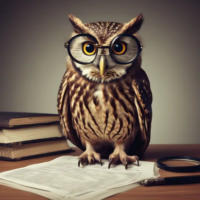 A wise owl examines financial reports with a magnifying glass to assess bank ratings and their implications for investors.