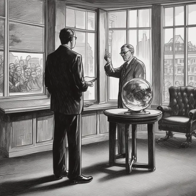 Institutional investors examining crystal ball with bank ratings reports, assessing investment opportunities and risks
