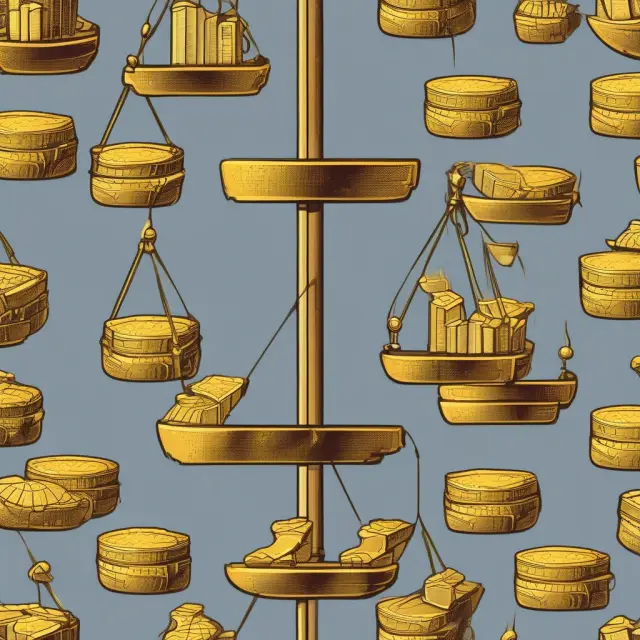 A golden scale with bank reserves on one side and deposits on the other, illustrating central banks regulating the monetary system through reserve ratios
