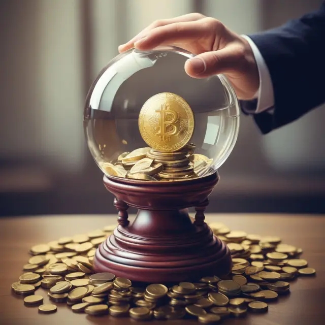 Bank examining ancient gold coins and modern currency in a crystal ball, representing the evolving nature of bank reserves management following the 