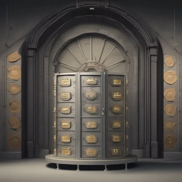 A central bank vault weighing the balance between bank reserves as assets or liabilities on a set of scales.