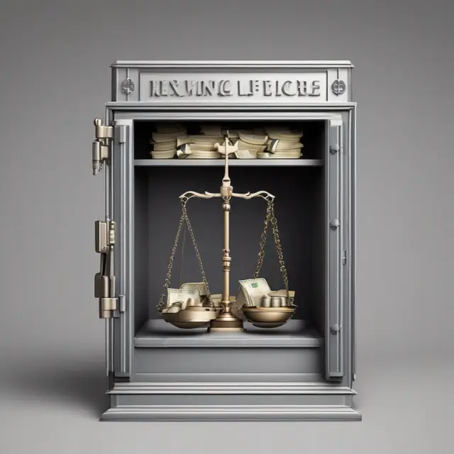 A bank vault filled with gold coins represents required reserves while piles of paper money signify excess reserves on a balance scale