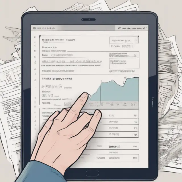 Hand holding a tablet displaying bank statements and reviewing account activity