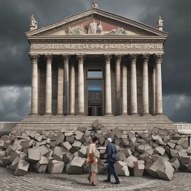 A mosaic of four banks (Santander, Deutsche Bank, Intesa Sanpaolo, UniCredit) with cracks spreading across their facades, symbolizing the consequences of failing stress tests
