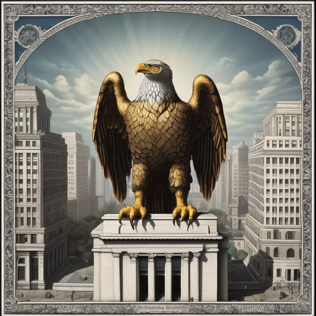 Central bank represented as an eagle protectively watching over multiple nest-like structures of regular banks