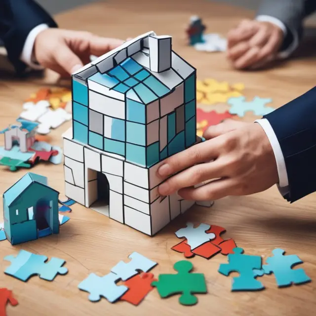 Banker distributes mortgage houses and business logos as puzzle pieces, representing the various applications of bank confirmation letters