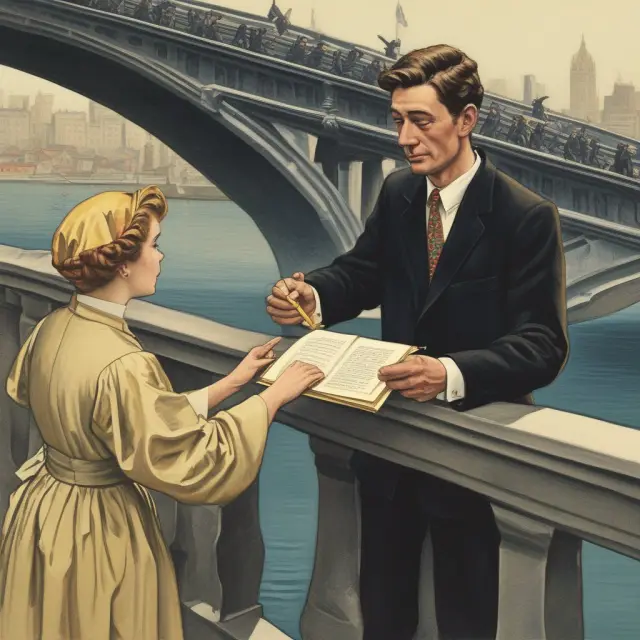 Banker granting a golden scroll (BCL) to a person on a bridge, representing the process of requesting and receiving a bank confirmation letter