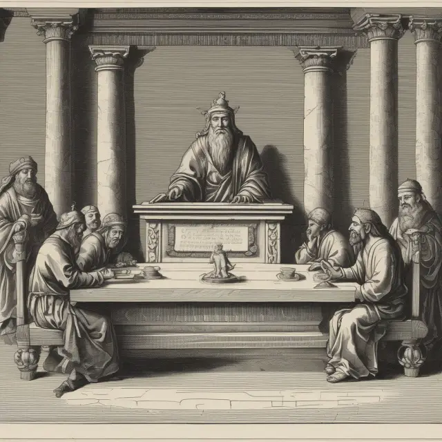 Two figures representing borrower and lender sharing a bank confirmation letter amidst an ancient financial setting, emphasizing trust and transactions