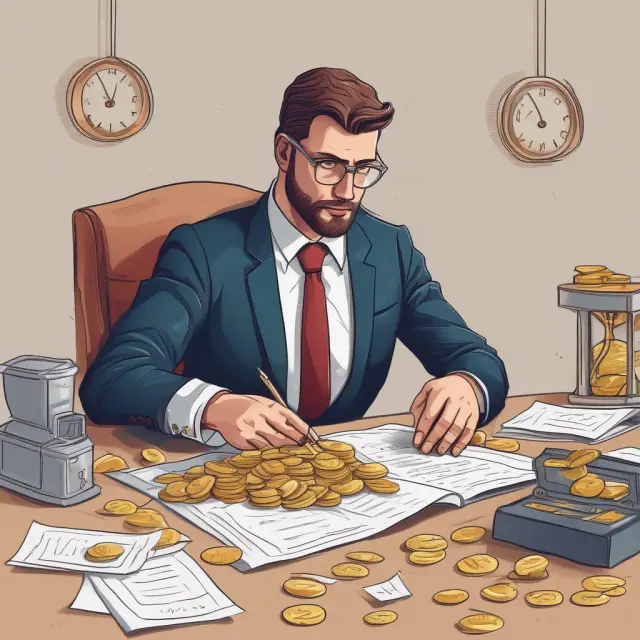 Person applying for bank draft amid gold coins and hourglass, representing time and costs.