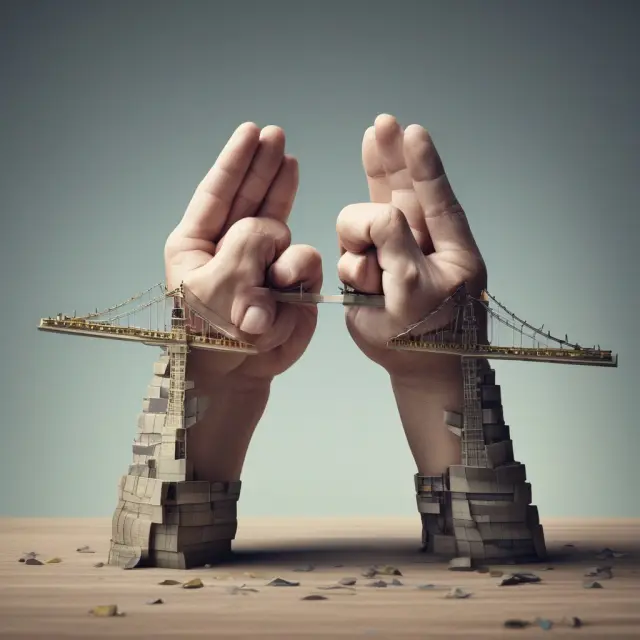 A delicate bridge made of bank drafts connecting two hands, representing secure transactions and potential challenges