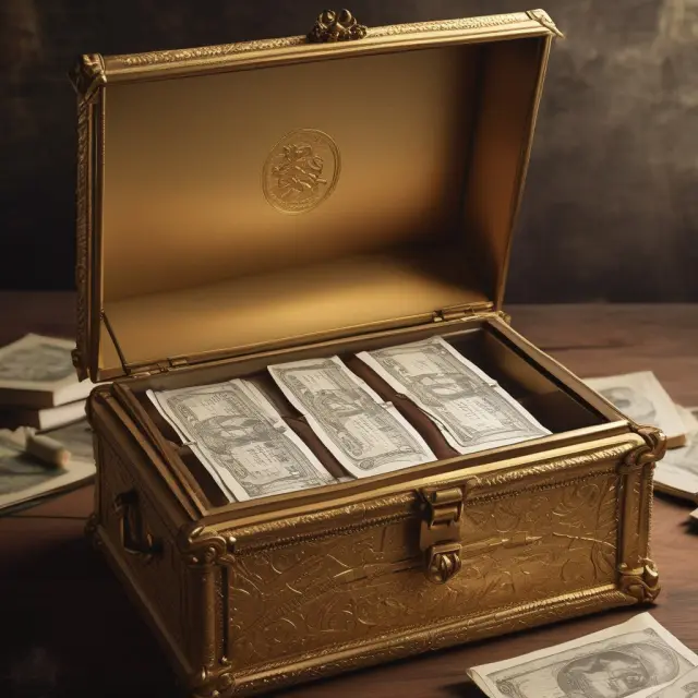 A golden time capsule filled with historic banknotes and a maturing banker