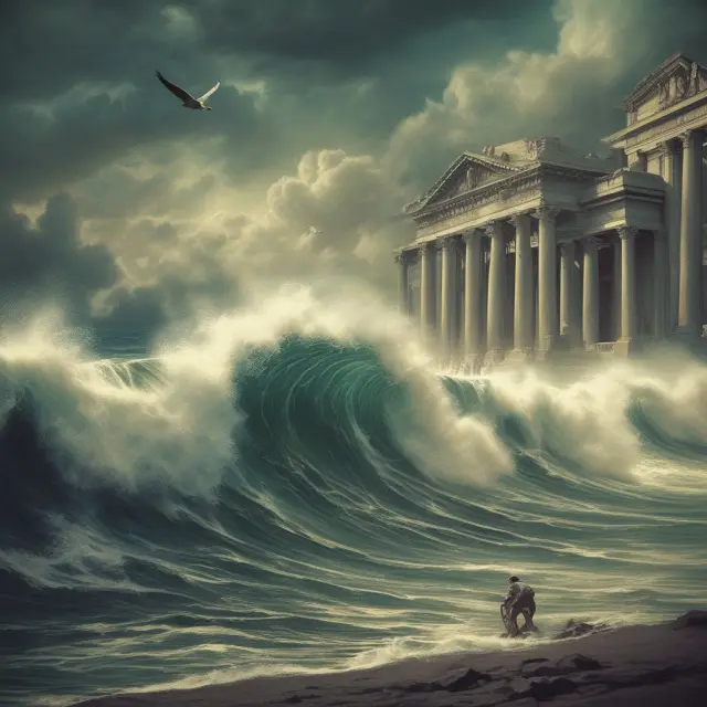 A visualization of a bank run, depicting a wave of panic causing customers to withdraw their deposits from multiple banks
