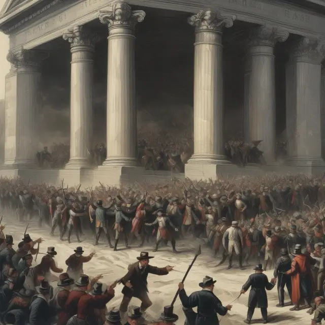 People rushing to withdraw funds during bank runs throughout history, including the Great Depression and recent cases like Silicon Valley Bank and Washington Mutual.