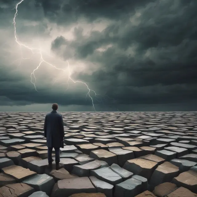 An investor holding a diverse portfolio stands on solid ground as turbulent waters (bank deposits) surround them, emphasizing the importance of diversification during bank runs